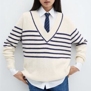 Mango Cream and Blue V-Neck Sweater with Nautical Stripes